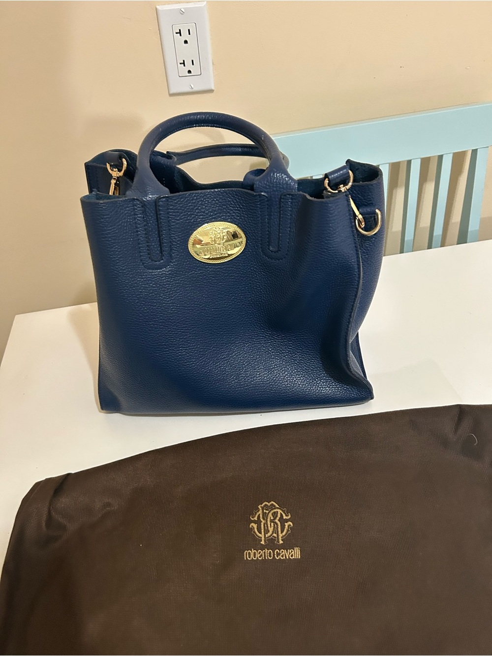 Roberto Cavalli Navy Blue Pebbled Leather Top-Handle Tote with Gold Plaque